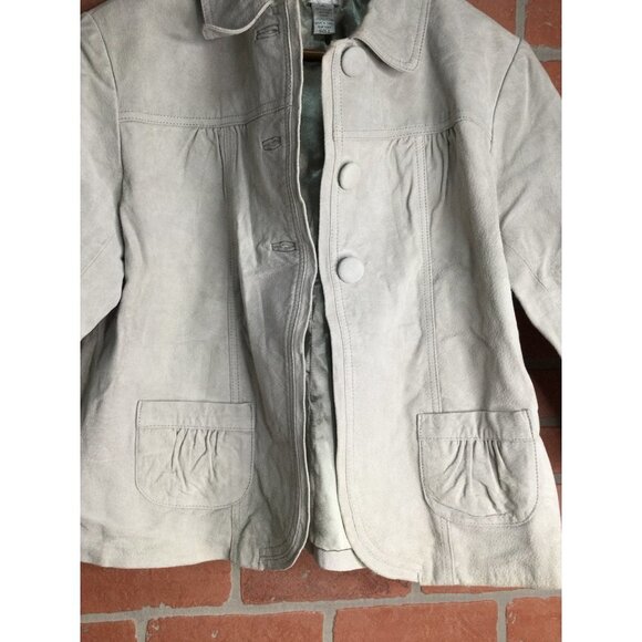 Chico's Three Button Front Genuine Leather Jacket Collared Pockets Gray Size 2 L - Picture 3 of 5